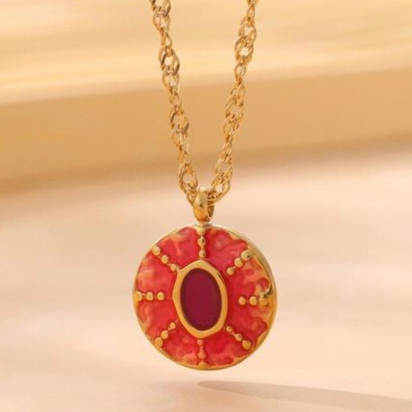 Fire Mandala~ Red Agate Bursting Radiating Exploding Fireworks Coin 18K Necklace